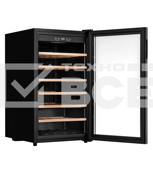 Винный шкаф Kuppersberg RSW 82, отдельностоящий, High-Tech, объем 128 л, вместимость 40 бутылок, диапазон температуры 5-20 градусов, механическое открытие двери, 6 полок из бука, LCD дисплей, уровень шума 38 дБ, черный