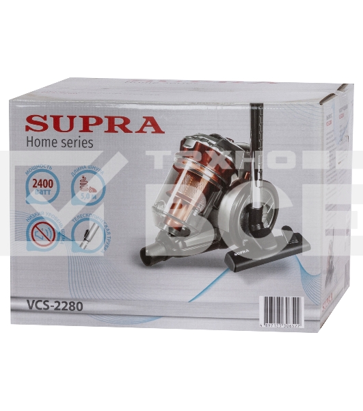 Пылесос Supra VCS-2280 красный, 400/2400 Вт, уборка сухая, пылесборник контейнер, 2.5 л