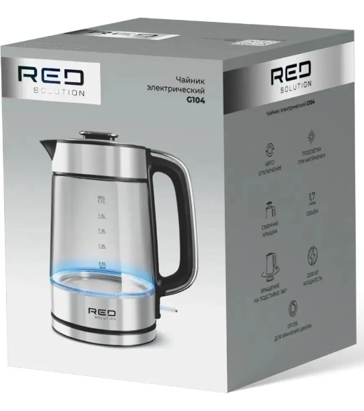 Чайник электрический Red Solution G104 1.7 л, 2200 Вт, черный/серебристый, нержавеющая сталь/стекло/пластик