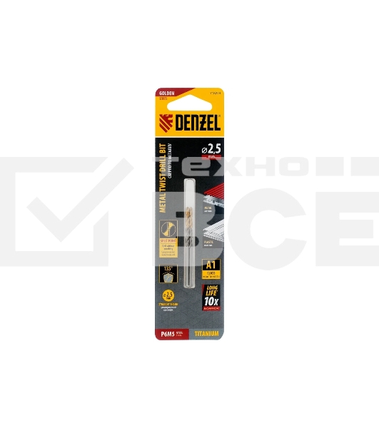 Сверло спиральное по металлу Denzel 2,5 x 57мм, Р6М5, Golden Tip, 2 шт.