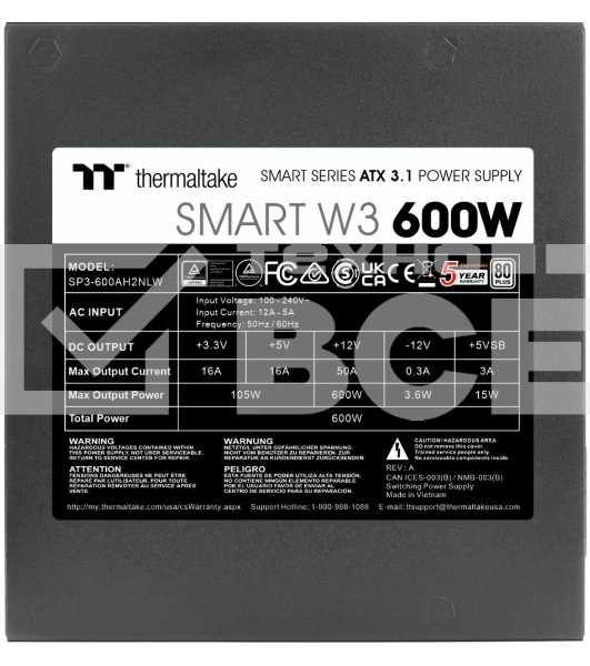 Блок питания Thermaltake Smart W3 600W, ATX 3.1, APFC, 12cm Fan, 80 PLUS, Retail