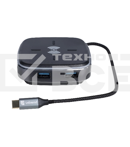 Многофункциональная док-станция Intrend ITACS-9W Type-C с беспроводной зарядкой 3 встроенных высокоскоростных USB 3.0, встроенный высокоскоростной TF и SD карт ридер, разъем RJ-45 для подключения к локальной сети HDMI 4K/30Hz, 60W Power Delivery порт,