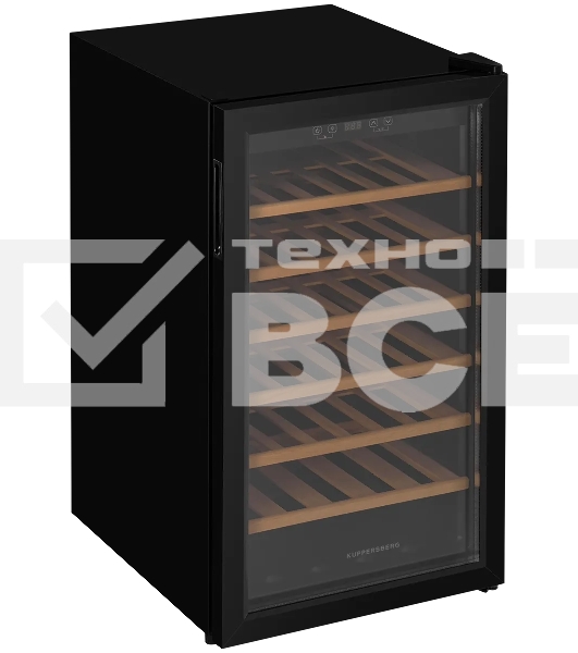 Винный шкаф Kuppersberg RSW 82, отдельностоящий, High-Tech, объем 128 л, вместимость 40 бутылок, диапазон температуры 5-20 градусов, механическое открытие двери, 6 полок из бука, LCD дисплей, уровень шума 38 дБ, черный