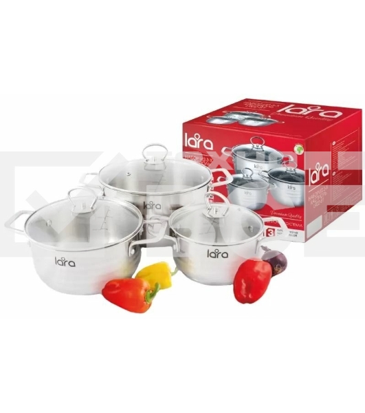 Набор посуды LARA LR02-81 Standart 6пр. LR02-81 Набор посуды LARA Standart (2.3 л + 4.5 л + 5.7 л) капсулированное индукционное дно, крышки