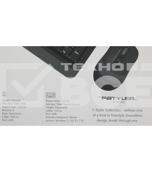 Комплект клавиатура+мышь A4Tech FStyler F1010 проводной, USB, 1600 DPI, чёрный