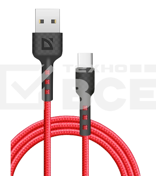 Кабель Defender  F181, USB 2.0 (AM) - Type C, 1метр, 2.4А, нейлоновая оплетка, красный.