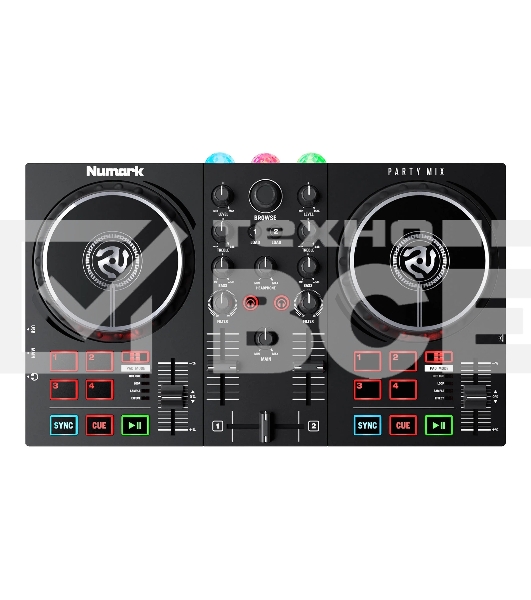 Контроллер DJ Numark [Party Mix II] 2-х канальный, 2 сенсорных джога, 24-битный аудиоинтерфейс, 3,5 мм стерео выход, выход на наушники, RGB лампы, ПО Serato DJ Lite