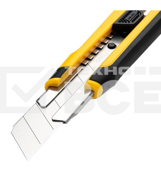 Технический нож Deli DL025 25мм SK4. 2-ступенчатое лезвие. Ударопрочный и обрезиненный корпус. Кнопка автоматической блокировки.