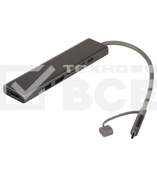 Док-станция Qumo Dock 7 (HB-0008), Type-C, PD, HDMI, 4k 30Hz, 1080p 60 Hz, GE1000 MBS, 4 USB 3.0, 20 см, SD, Micro SD, металлический корпус, темно-серый