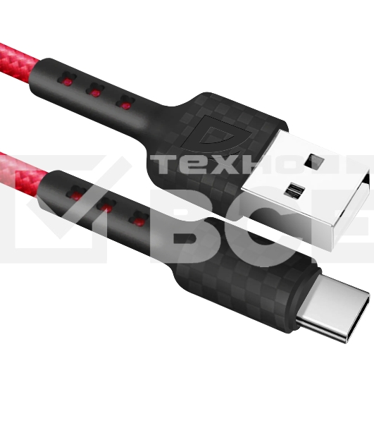 Кабель Defender  F181, USB 2.0 (AM) - Type C, 1метр, 2.4А, нейлоновая оплетка, красный.