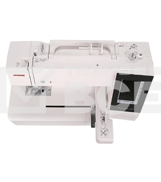 Швейная машина Janome Memory Craft 500Е 160 вышив.дизайнов, алфавит 6 видов, в том числе русский, монограммы в 2, 3 буквы и эмблемы, бордюры 46 видов, швейные строчки 52 образца, макс.поле вышивки 200х280 мм, увелич.рабочая поверхность, прямое соединение 