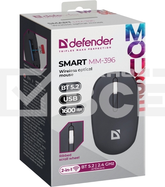 Мышь беспроводная Defender Smart MM-396 черный, 1600 dpi, радиоканал, Bluetooth, USB, кнопки - 3