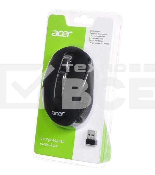 Мышь беспроводная Acer OMR070 черный, 1600 dpi, радиоканал, Bluetooth, USB, кнопки - 6