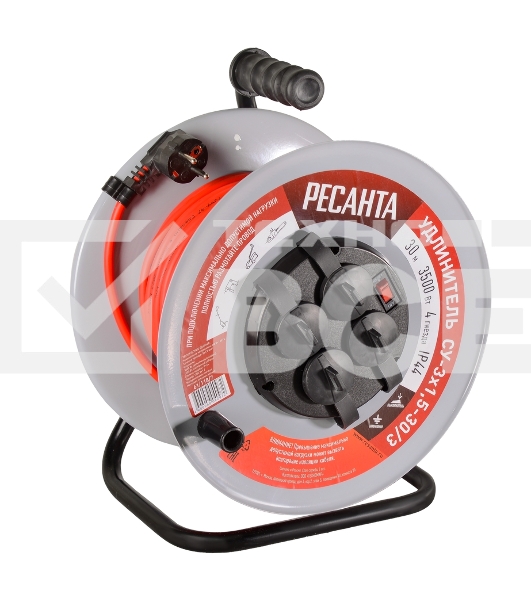 Удлинитель силовой Ресанта СУ-3х1,5-30/3 (61/118/7) 2x1.0 кв.мм 4 розет. 40 м ПВС катушка серый