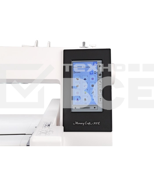 Швейная машина Janome Memory Craft 500Е 160 вышив.дизайнов, алфавит 6 видов, в том числе русский, монограммы в 2, 3 буквы и эмблемы, бордюры 46 видов, швейные строчки 52 образца, макс.поле вышивки 200х280 мм, увелич.рабочая поверхность, прямое соединение 