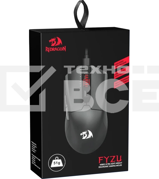 Мышь проводная игровая REDRAGON FYZU черная (USB, Pixart P3395, Huano, 6 кн., 26000 Dpi, RGb подсветка)