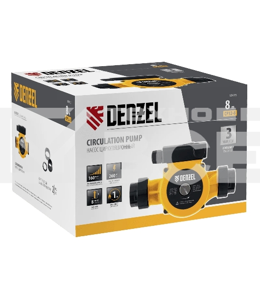 Циркуляционный насос Denzel CP32-8, напор 8 м, 160 л/мин, 1 м кабель, монт. длина 180 мм