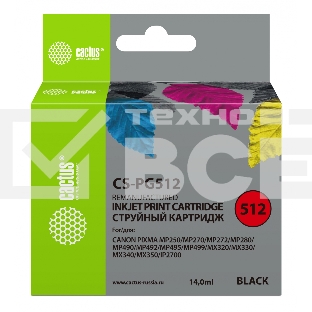 Картридж струйный Cactus CS-PG512 черный (14 мл) для Canon Pixma iP2700/MP240/MP250/MP260/MP270/MP272/MP280/MP480/MP490/MP492/MP495/MX320/MX330/MX340/MX350