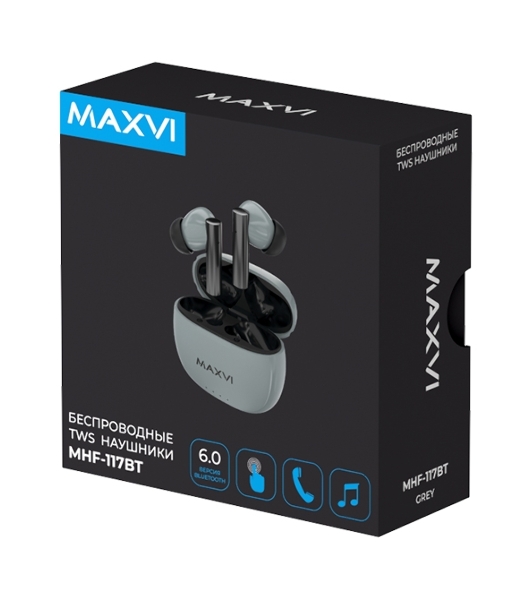 Наушники TWS Maxvi MHF-117BT серый, внутриканальные, Bluetooth, до 4 ч