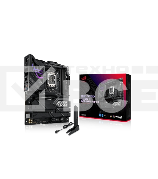 Материнская плата ASUS ROG STRIX Z790-E GAMING WIFI II, LGA 1700, Intel Z790, 4xDDR5, 4xSATA, 5xM.2, 1xPCIe 5.0 x16, 2xPCIe 4.0 x16, 2.5Gb LAN, 1xUSB-A 3.2 Gen 2, 2xUSB-A 3.2 Gen 2x2, 1xHDMI, 1xDP, 3x3.5 мм, 7.1, ATX