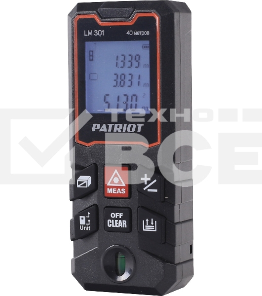 Дальномер лазерный PATRIOT LM 301, макс. дистанция 40 метров, измерение площади, объема, подсветка, память 30 изм.