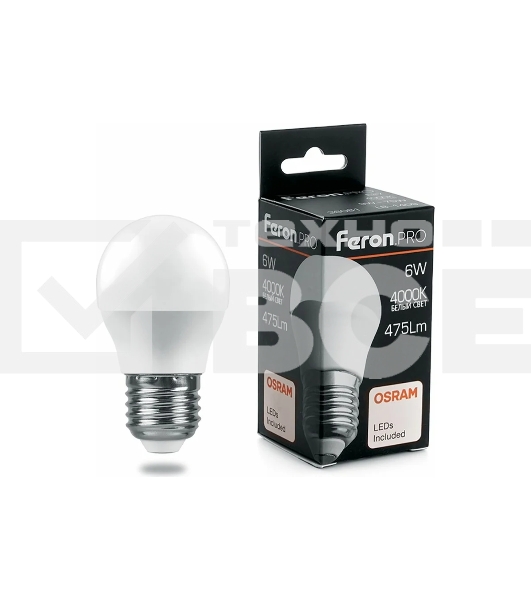 Лампа светодиодная FERON PRO LB-1406 (38069) 6 вт Е27 белый матовый шар
