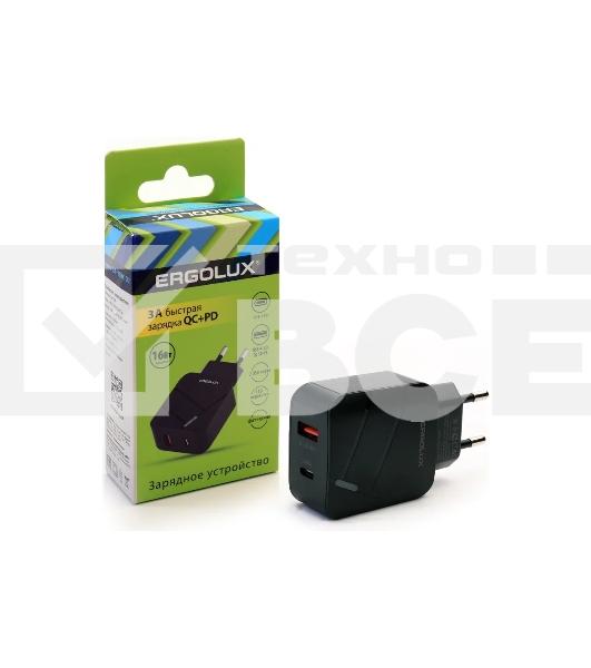 Адаптер сетевой Ergolux ELX-РA01QC-C02 1USB+1Type C 100-220В 5-9В/3А QC коробка черный Ergolux