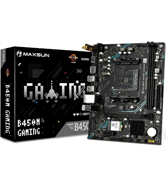 Материнская плата Maxsun B450M GAMING WIFI, AM4, AMD B450, 2xDDR4 (до 64 ГБ), 2xSATA, 1xM.2 (PCIe 3.0 x4), 1xPCIe 3.0 x16, 1xPCIe 3.0 x1, 1xHDMI, 1xDP, 1x1Gb LAN, Wi-Fi 5, Bluetooth 4.2, 4xUSB-A 5Gbps, 2xUSB-A 2.0, 3x3.5 мм, 7.1, mATX