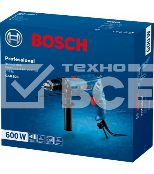 Дрель-шуруповерт Bosch GSB 600 06011A0320, Сетевая, 600Вт