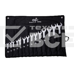 Набор комбинированных гаечных ключей 14 шт Deli DL130014B Спецификация: 10 мм, 11 мм, 12 мм, 13 мм, 14 мм, 16 мм, 17 мм, 18 мм, 19 мм, 21 мм, 24 мм, 27 мм, 30 мм, 32 мм. Матовая хромированная поверхность. Тканевая упаковка.