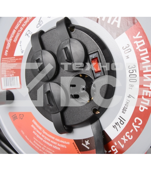 Удлинитель силовой Ресанта СУ-3х1,5-30/3 (61/118/7) 2x1.0 кв.мм 4 розет. 40 м ПВС катушка серый