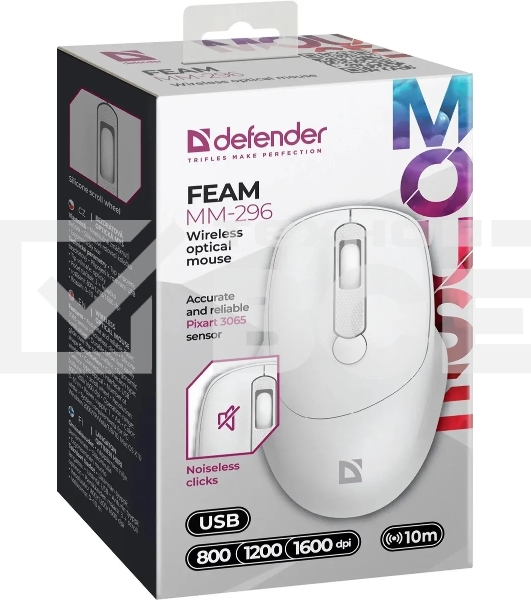 Мышь беспроводная Defender Feam MM-296 белый, 1600 dpi, радиоканал, USB, кнопки - 4