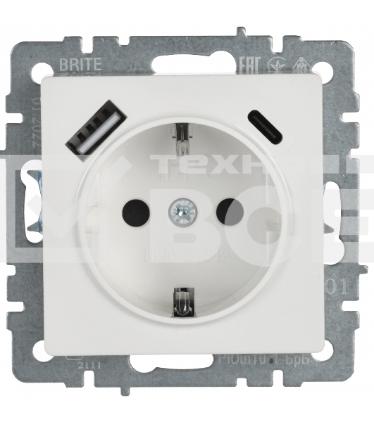 Розетка 1-местная IEK BRITE РЮш11-1-БрБ (BR-R14-16-U22-018-K01) с заземлением, с защитными шторками, 16А, с USB A+C 18 Вт, белый