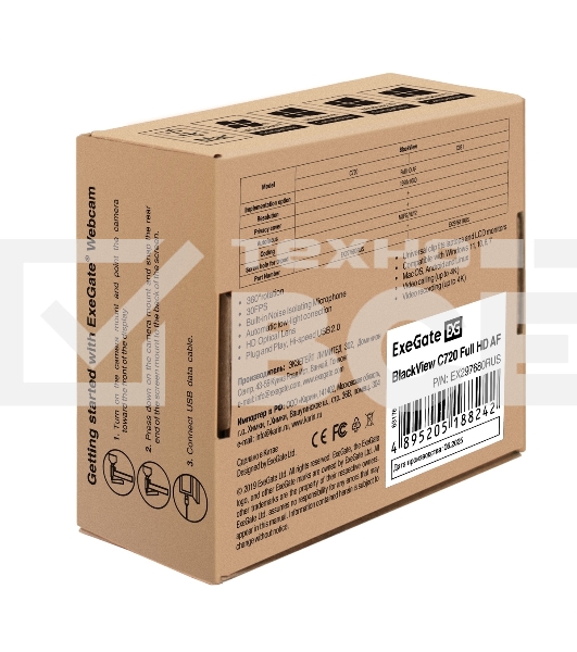 Веб-камера ExeGate BlackView C720 Full HD AF (2Мп, 1920х1080, 1080P, 30fps, автоматический фокус, защитная шторка, 4-линзовый объектив, микрофон с шумоподавлением, универсальное крепление, отверстие под штатив, USB, кабель 1,5 м, Windows 7/8/10/11, Mac OS