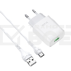Зарядное устройство Hoco 18Вт, 3А, QC3.0, 1xUSB + кабель USB/Type-C, C72Q, белый, блистер, фото 1