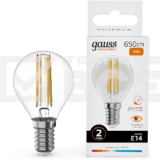 Лампа филам. Gauss Filament 10Вт цок.:E14 шар св.свеч.бел.теп. (упак.:10шт) (52110)