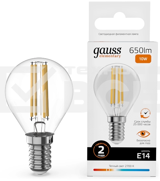 Лампа филам. Gauss Filament 10Вт цок.:E14 шар св.свеч.бел.теп. (упак.:10шт) (52110)