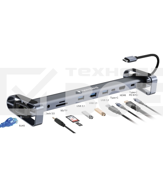 Док-станция Type-C Gembird UHB-D5, 10в1: 3xUSB3.1, Type-C PD87W, Jack 3.5, SD/TF, HDMI, RJ45, Type-C, кабель 14см, алюминий