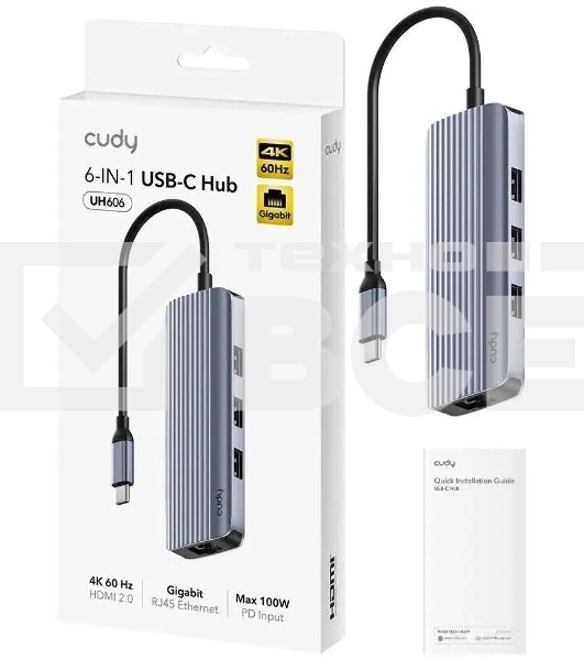 USB-концентратор CUDY 6-IN-1 USB-C Hub with GbE & 4K@60Hz HDMI