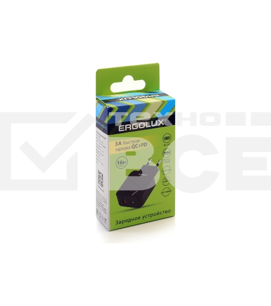 Адаптер сетевой Ergolux ELX-РA01QC-C02 1USB+1Type C 100-220В 5-9В/3А QC коробка черный Ergolux