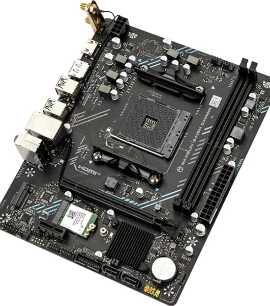 Материнская плата Maxsun B450M GAMING WIFI, AM4, AMD B450, 2xDDR4 (до 64 ГБ), 2xSATA, 1xM.2 (PCIe 3.0 x4), 1xPCIe 3.0 x16, 1xPCIe 3.0 x1, 1xHDMI, 1xDP, 1x1Gb LAN, Wi-Fi 5, Bluetooth 4.2, 4xUSB-A 5Gbps, 2xUSB-A 2.0, 3x3.5 мм, 7.1, mATX