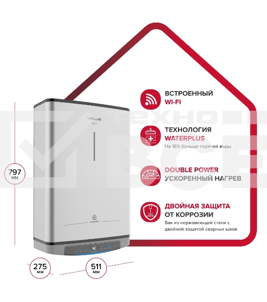 Водонагреватель Ariston Velis Lux Inox PW ABSE WIFI 50 2.5кВт 50л электрический настенный/серый