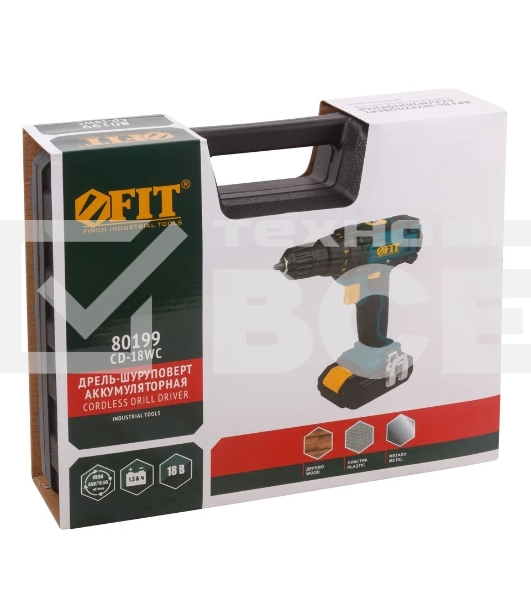 Дрель-Шуруповерт Fit CD-18WC 80199, Аккумуляторная, 18В, 2 АКБ, Кейс