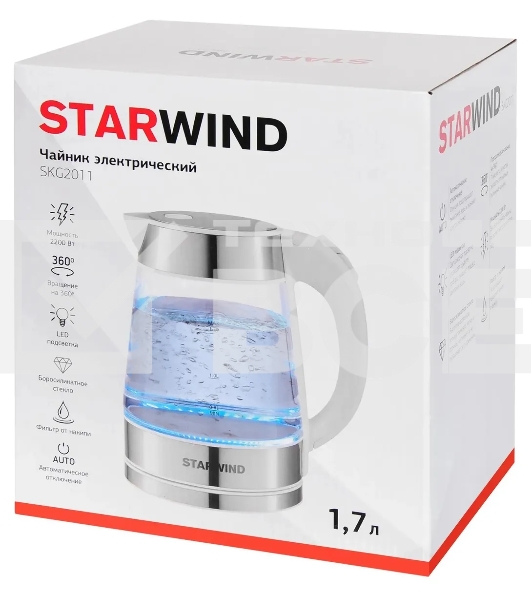 Чайник электрический Starwind SKG2011 1.7л. 2200Вт белый/серебристый (корпус: стекло)