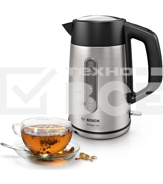 Чайник электрический Bosch TWK4P440 1.7 л, 2400 Вт, нержавеющая сталь/черный (корпус: нержавеющая сталь)