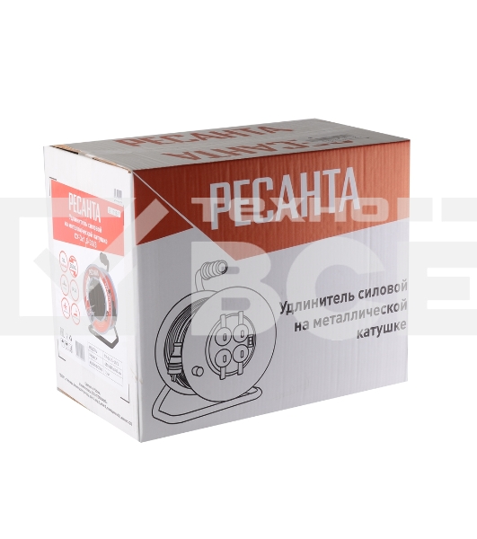 Удлинитель силовой Ресанта СУ-3х1,5-30/3 (61/118/7) 2x1.0 кв.мм 4 розет. 40 м ПВС катушка серый