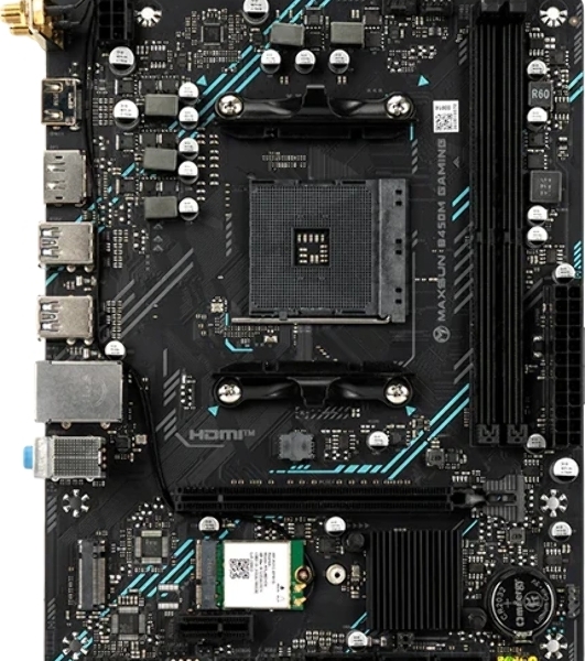 Материнская плата Maxsun B450M GAMING WIFI, AM4, AMD B450, 2xDDR4 (до 64 ГБ), 2xSATA, 1xM.2 (PCIe 3.0 x4), 1xPCIe 3.0 x16, 1xPCIe 3.0 x1, 1xHDMI, 1xDP, 1x1Gb LAN, Wi-Fi 5, Bluetooth 4.2, 4xUSB-A 5Gbps, 2xUSB-A 2.0, 3x3.5 мм, 7.1, mATX