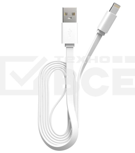 Кабель Maxvi MC-03F white USB-A - Lightning, 2A Плоский кабель, ток макс. нагрузки 2А, макс. напряжение 5V; стандарт USB 2.0; длина 1м, материал PVC, белый