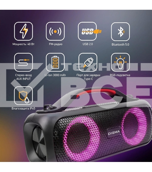 Колонка портатитвная Digma D-PS1531 черный/черный 40W 2.0 BT 10м 3000mAh (SP1531B)