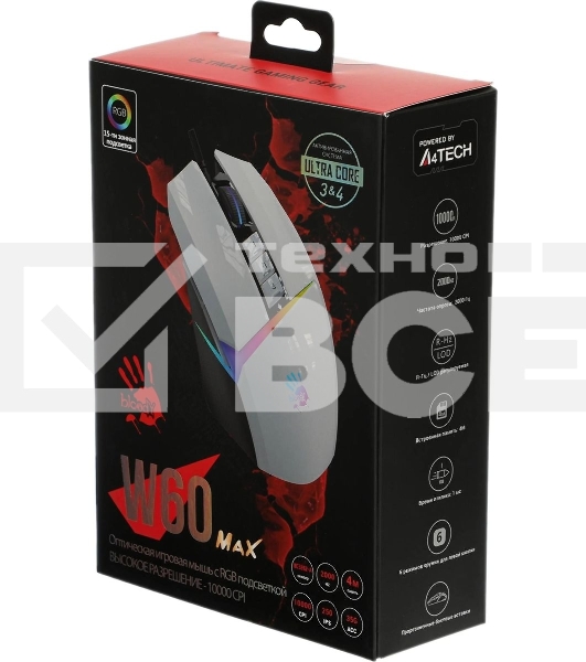 Мышь проводная A4Tech Bloody W60 Max белый, 10000 dpi, USB, кнопки - 10